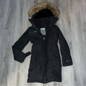 TNA black winter coat long with detachable fur hood XXS